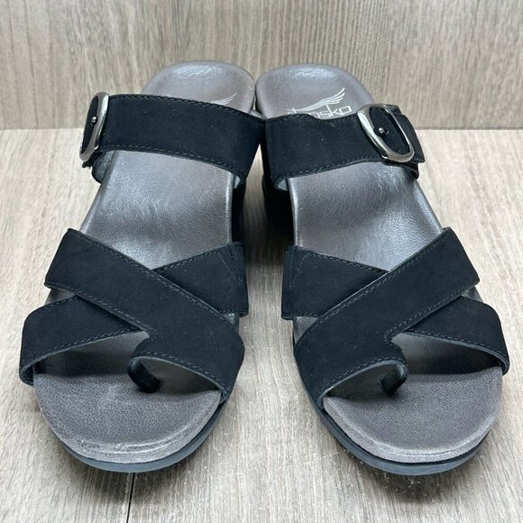 Dansko Aubree Sandals Womens Sz 37 Wedge Slip On Leather Adjustable Strap Black - Picture 3 of 11